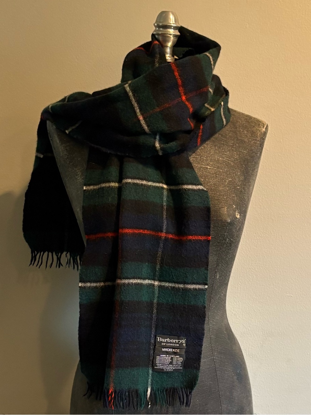 Burberrys’ Mackenzie Plaid Vintage Scarf Cashmere 70% Wool 30% Blend 12” x 56”
